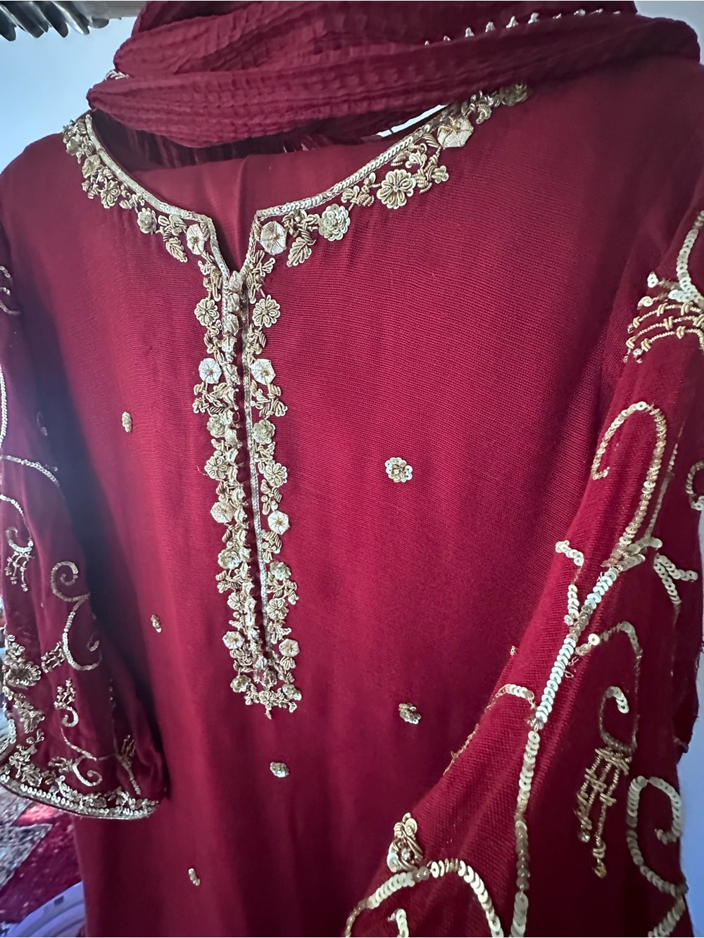 Maroon Wedding Dress with Gold Embroidery